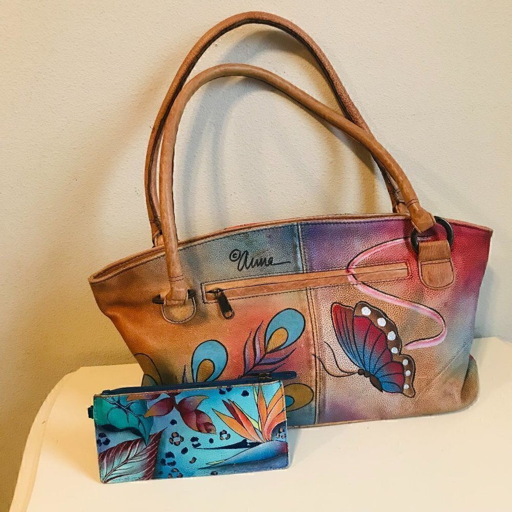 Anna by Anuschka Painted Art Handbag Tote Satchel with Wallet